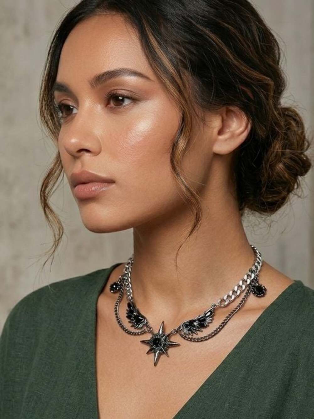 Antique Silver Star & Wing Layered Pendant Necklace - Picture 4 of 6